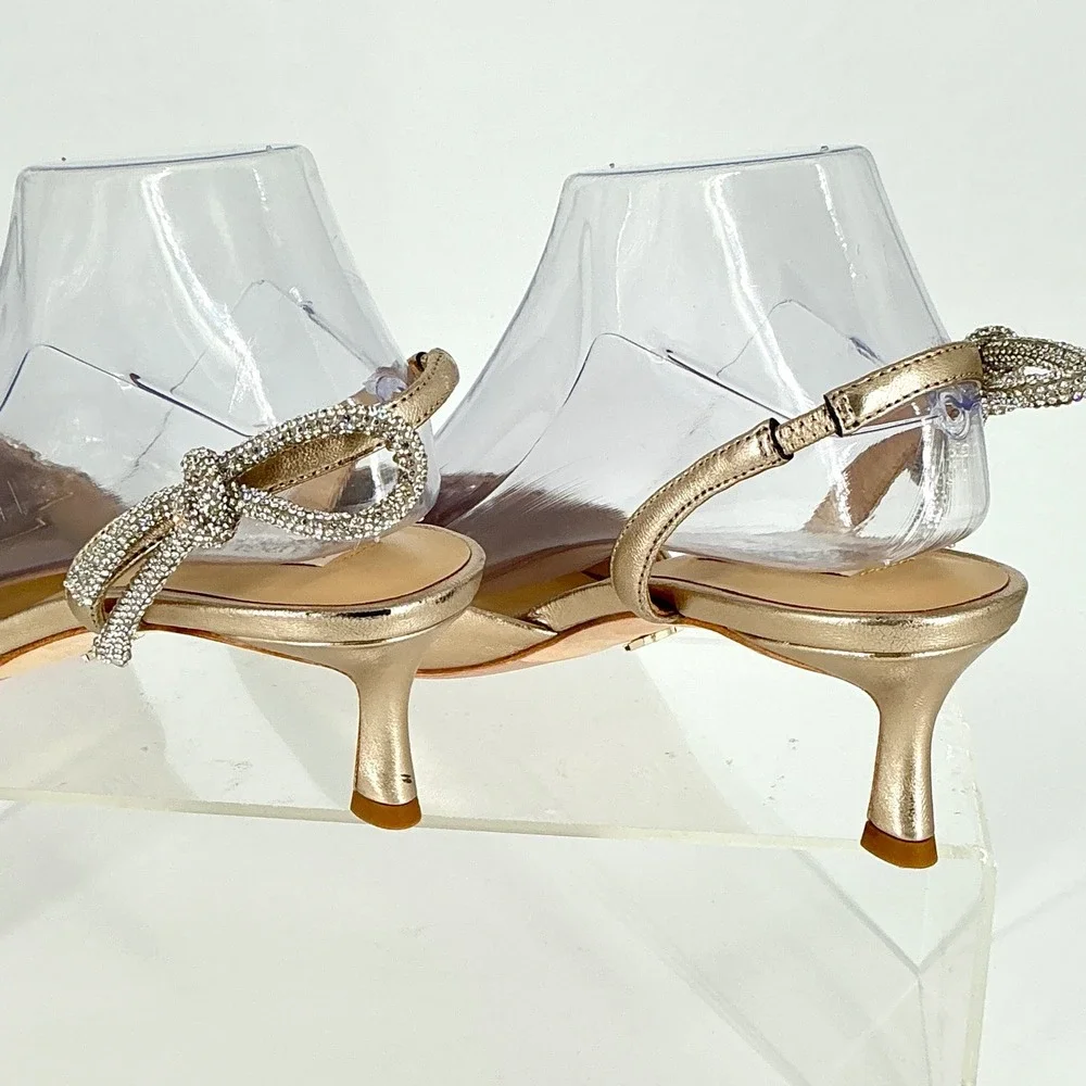 Badgley Mischka Size 8 Champagne Gold Leather Rhinestone Bow Kitten Heel NEW$255